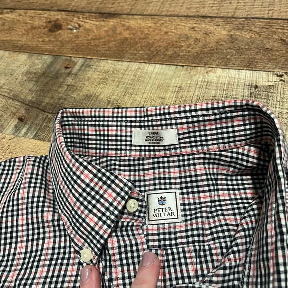 Peter Millar | Men's Black White Red Plaid 100% Cotton Button Down Shirt Sz L - Picture 5 of 5
